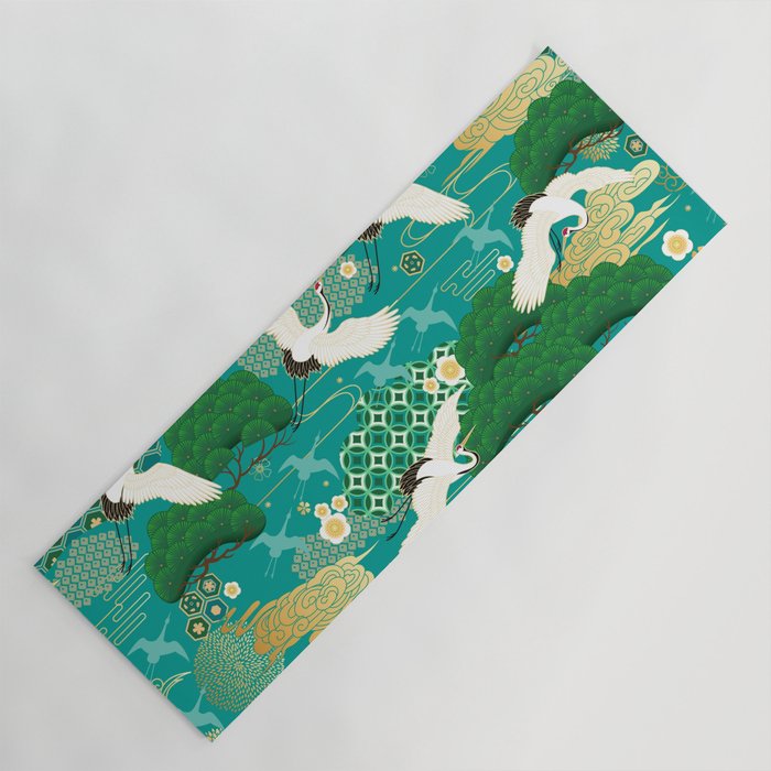 Japanese Flying Crane Aqua Mint Forest Pattern Yoga Mat Gallery Image 1