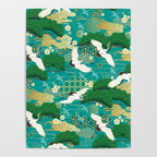 Japanese Flying Crane Aqua Mint Forest Pattern Poster Gallery Image 4