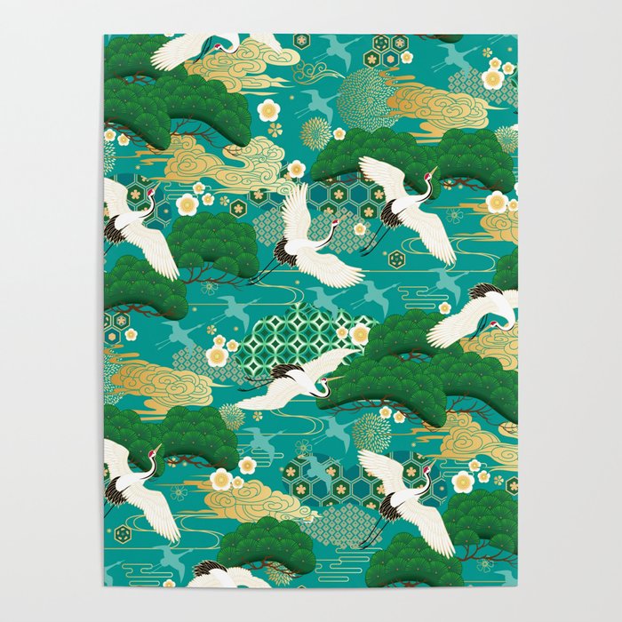 Japanese Flying Crane Aqua Mint Forest Pattern Poster Gallery Image 4