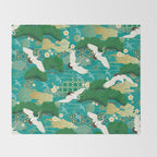 Japanese Flying Crane Aqua Mint Forest Pattern Throw Blanket Gallery Image 2