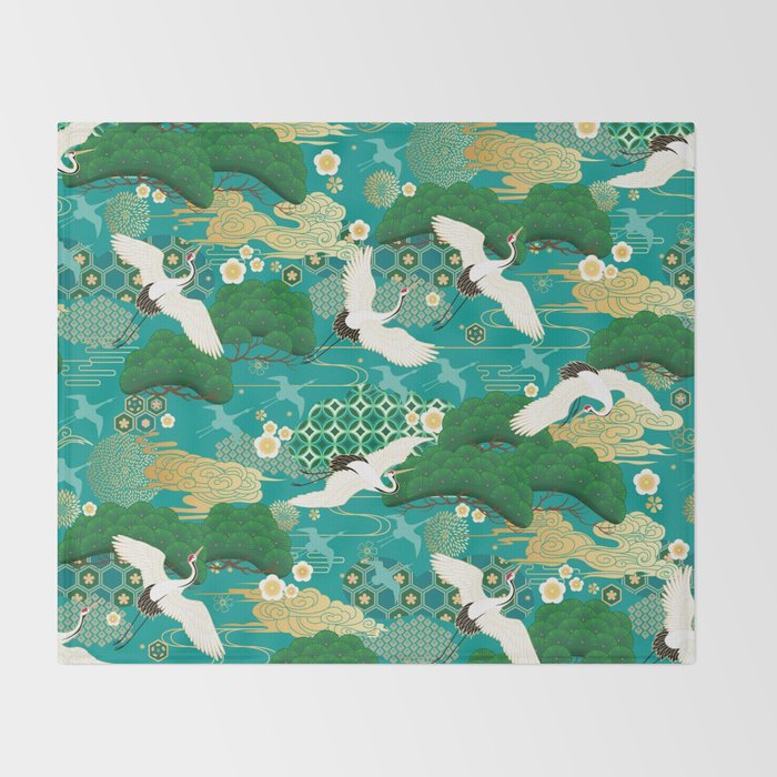 Japanese Flying Crane Aqua Mint Forest Pattern Throw Blanket Gallery Image 2