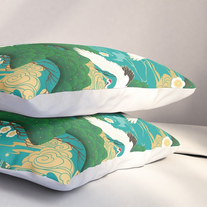 Japanese Flying Crane Aqua Mint Forest Pattern Pillow Sham Gallery Image 3