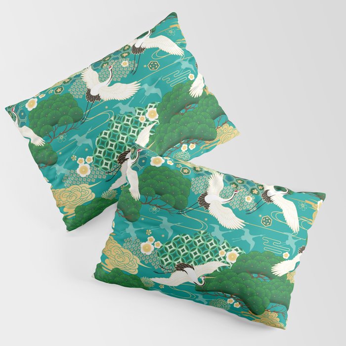 Japanese Flying Crane Aqua Mint Forest Pattern Pillow Sham Gallery Image 3