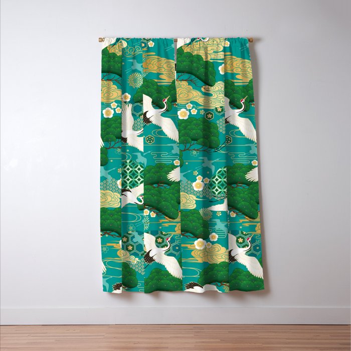 Japanese Flying Crane Aqua Mint Forest Pattern Window Curtain Gallery Image 3