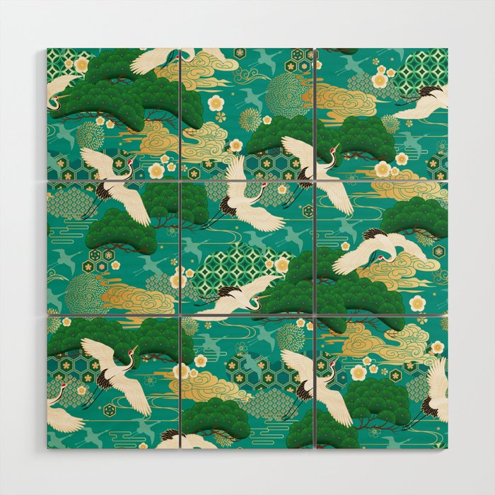 Japanese Flying Crane Aqua Mint Forest Pattern Wood Wall Art Gallery Image 1