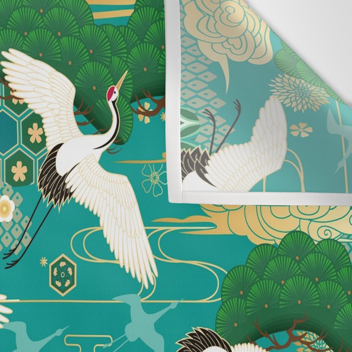 Japanese Flying Crane Aqua Mint Forest Pattern Wall Tapestry Gallery Image 3