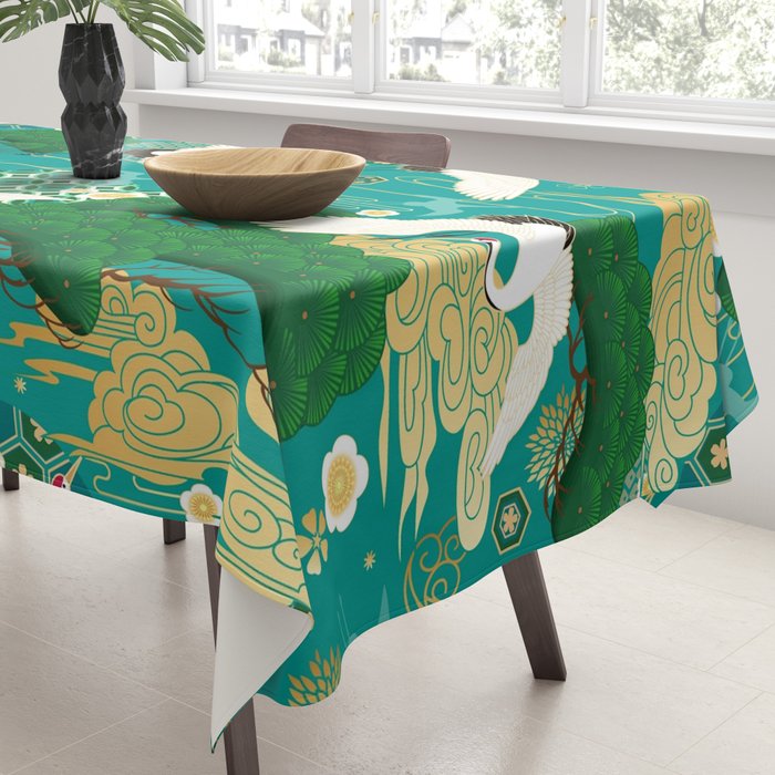 Japanese Flying Crane Aqua Mint Forest Pattern Tablecloth Gallery Image 3