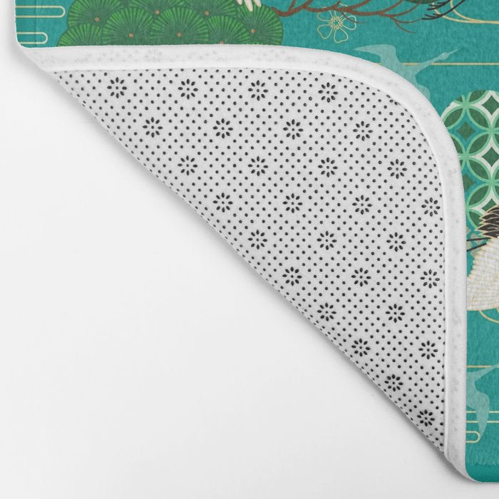 Japanese Flying Crane Aqua Mint Forest Pattern Bath Mat Gallery Image 2