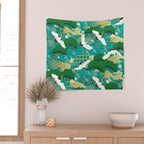 Japanese Flying Crane Aqua Mint Forest Pattern Wall Tapestry Gallery Image 2