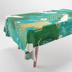 Japanese Flying Crane Aqua Mint Forest Pattern Tablecloth Gallery Image 1