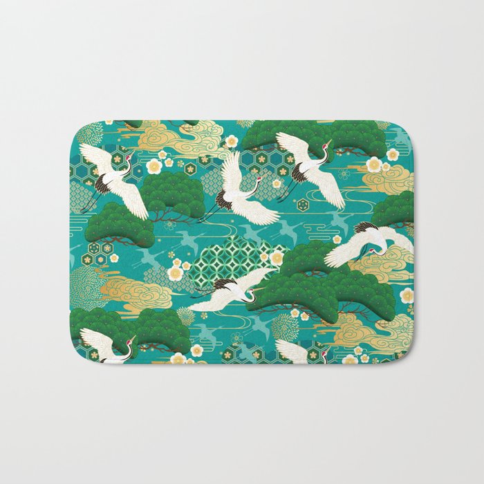 Japanese Flying Crane Aqua Mint Forest Pattern Bath Mat Gallery Image 1