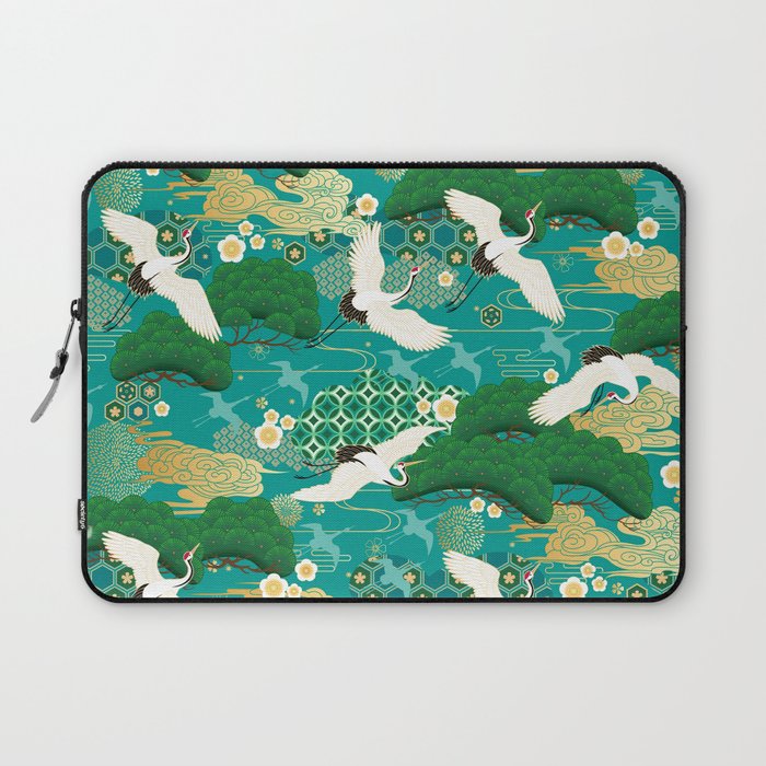 Japanese Flying Crane Aqua Mint Forest Pattern Laptop Sleeve Gallery Image 1