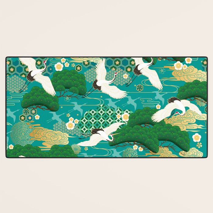Japanese Flying Crane Aqua Mint Forest Pattern Desk Mat Gallery Image 3