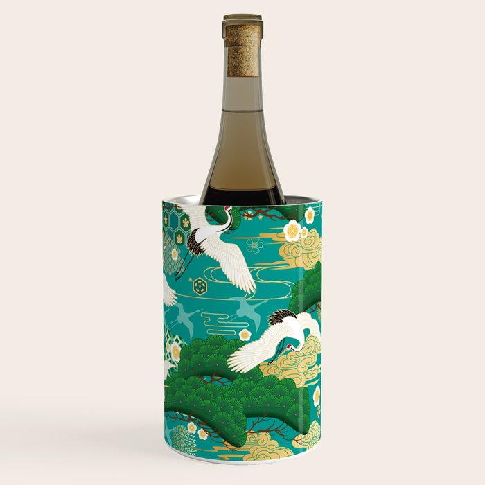 Japanese Flying Crane Aqua Mint Forest Pattern Wine Chiller Gallery Image 3