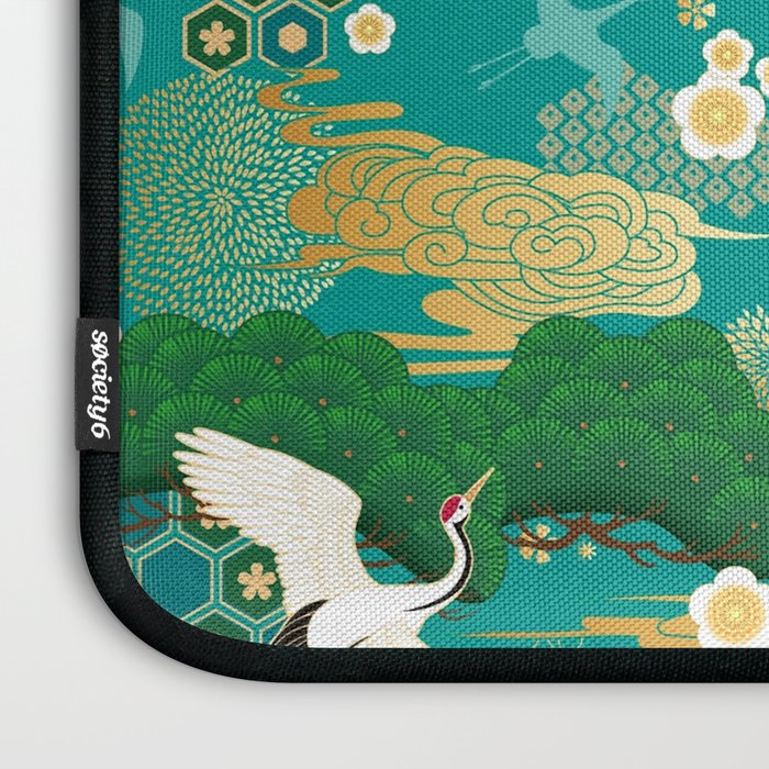Japanese Flying Crane Aqua Mint Forest Pattern Laptop Sleeve Gallery Image 3