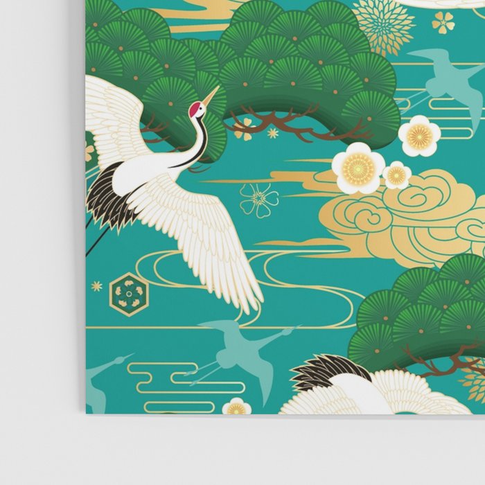 Japanese Flying Crane Aqua Mint Forest Pattern Poster Gallery Image 3