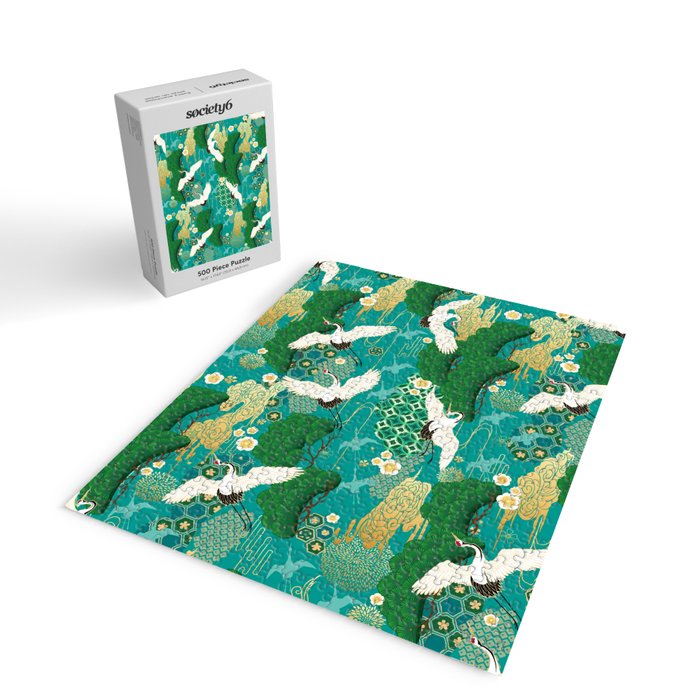 Japanese Flying Crane Aqua Mint Forest Pattern Jigsaw Puzzle Gallery Image 2