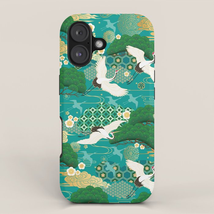 Japanese Flying Crane Aqua Mint Forest Pattern iPhone Case Gallery Image 1