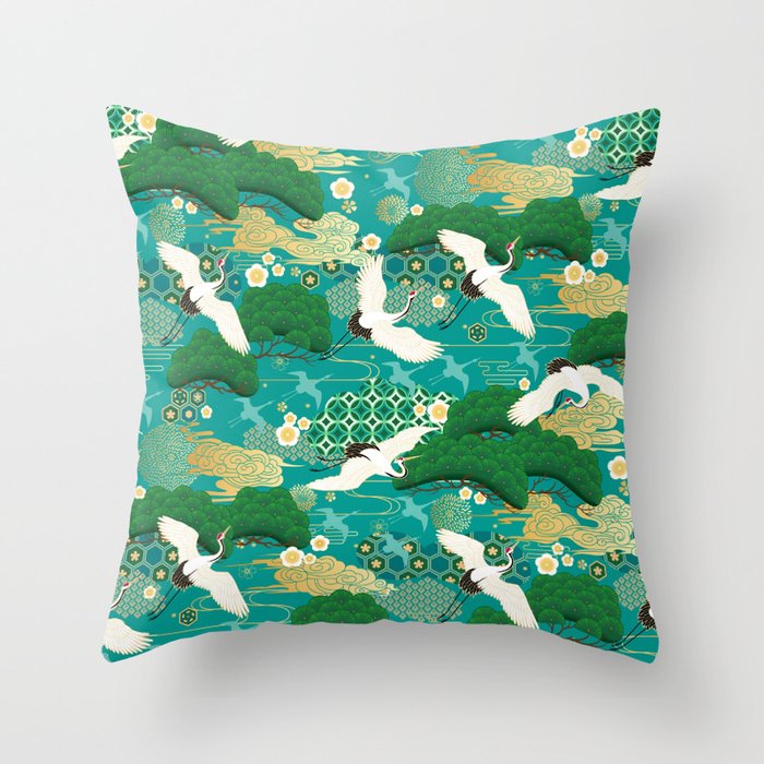 Japanese Flying Crane Aqua Mint Forest Pattern Throw Pillow Gallery Image 6