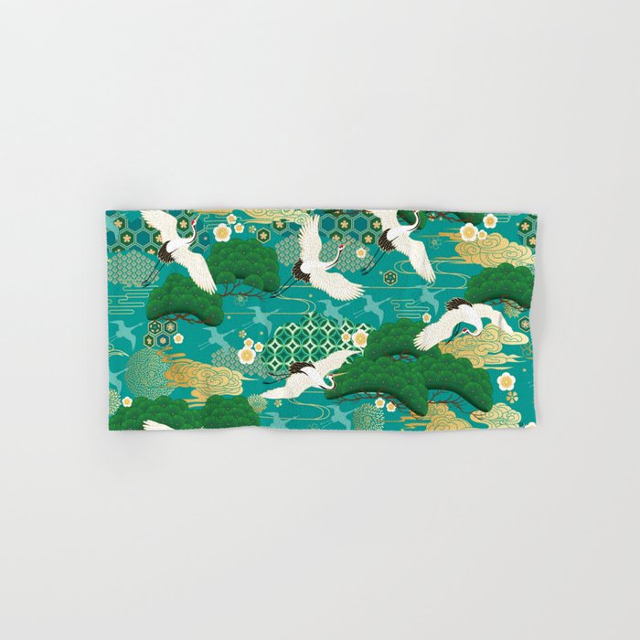 Japanese Flying Crane Aqua Mint Forest Pattern Bath Towel Gallery Image 1