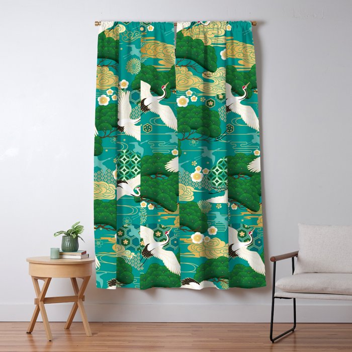 Japanese Flying Crane Aqua Mint Forest Pattern Window Curtain Gallery Image 5