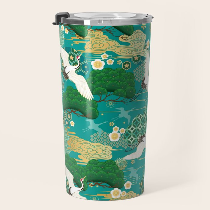 Japanese Flying Crane Aqua Mint Forest Pattern Travel Mug Gallery Image 3