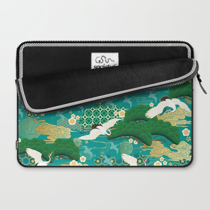 Japanese Flying Crane Aqua Mint Forest Pattern Laptop Sleeve Gallery Image 2