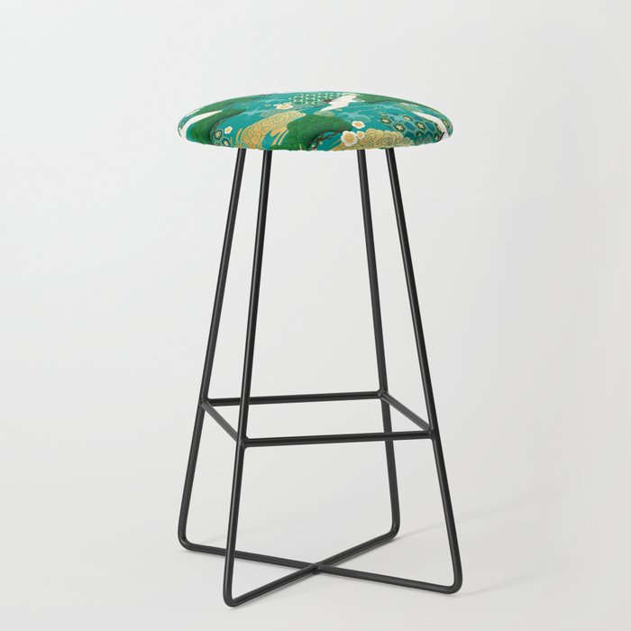 Japanese Flying Crane Aqua Mint Forest Pattern Stool Gallery Image 1