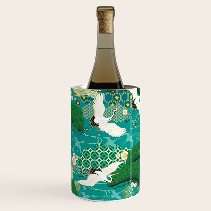 Japanese Flying Crane Aqua Mint Forest Pattern Wine Chiller Gallery Image 1