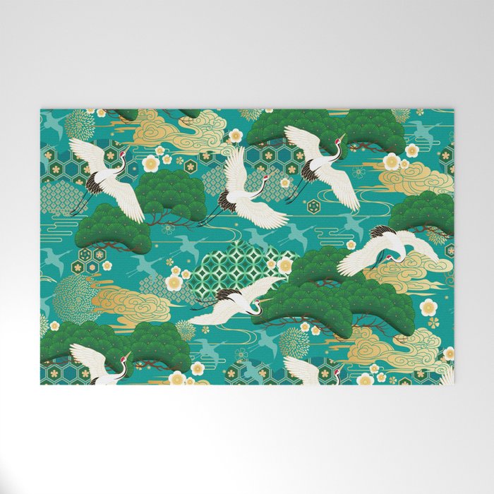 Japanese Flying Crane Aqua Mint Forest Pattern Welcome Mat Gallery Image 1
