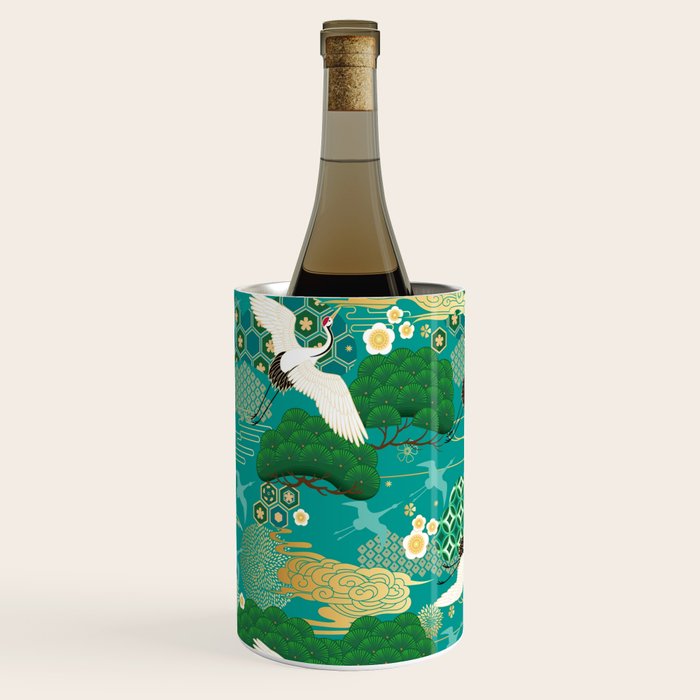 Japanese Flying Crane Aqua Mint Forest Pattern Wine Chiller Gallery Image 2