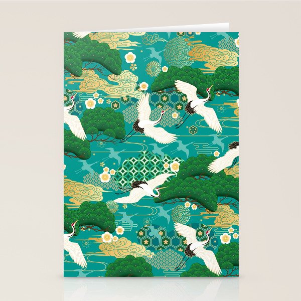 Japanese Flying Crane Aqua Mint Forest Pattern Stationery Card Gallery Image 2