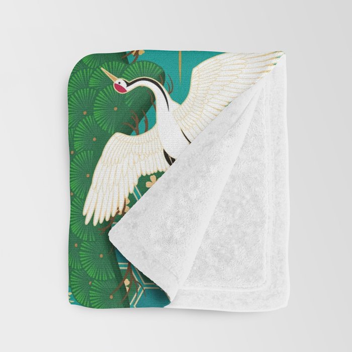 Japanese Flying Crane Aqua Mint Forest Pattern Throw Blanket Gallery Image 3