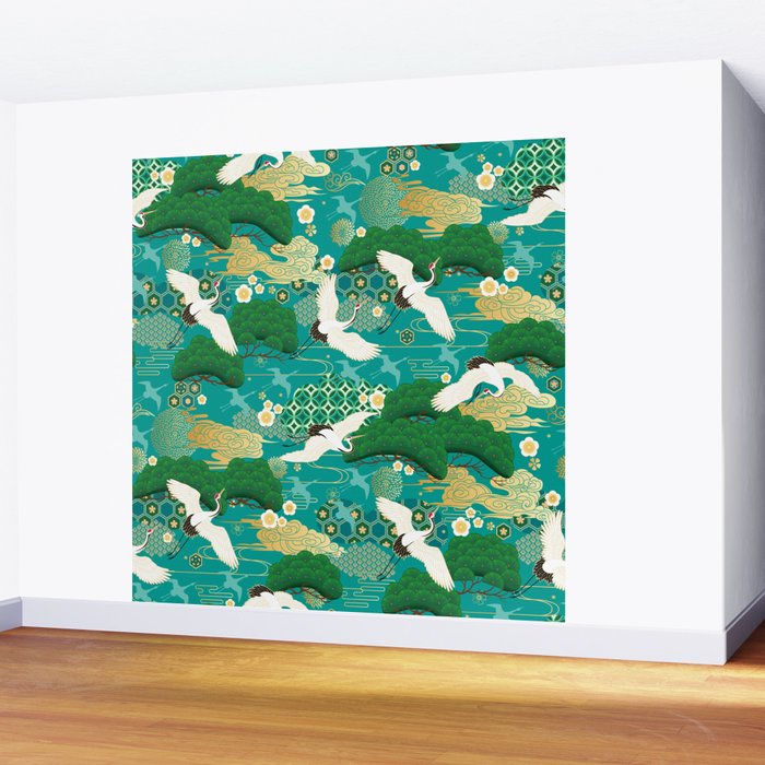 Japanese Flying Crane Aqua Mint Forest Pattern Wall Mural Gallery Image 2