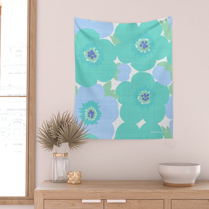 Bright Summer Floral Mid-Century Style Flower Pattern Wall Tapestry Gallery Image 2