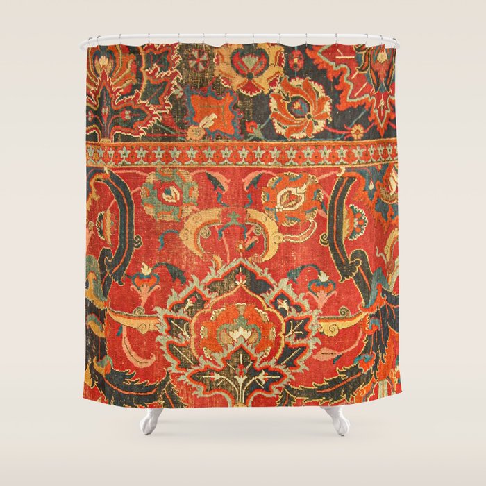 Red Arabic Rug I // 17th Century Colorful Firey Red Light Teal Sapphire Navy Blue Ornate Pattern Shower Curtain Gallery Image 1