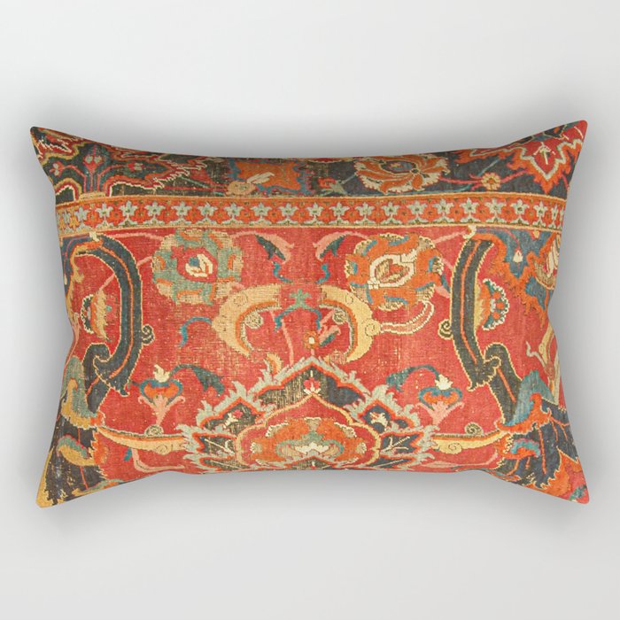 Red Arabic Rug I // 17th Century Colorful Firey Red Light Teal Sapphire Navy Blue Ornate Pattern Rectangular Pillow Gallery Image 1