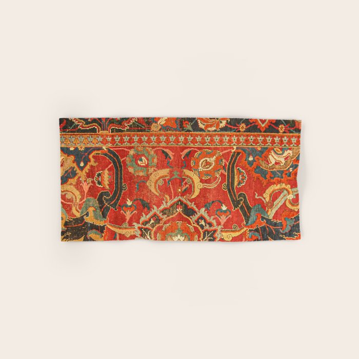 Red Arabic Rug I // 17th Century Colorful Firey Red Light Teal Sapphire Navy Blue Ornate Pattern Bath Towel Gallery Image 1