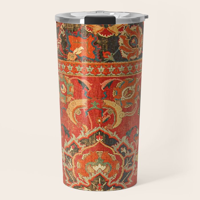 Red Arabic Rug I // 17th Century Colorful Firey Red Light Teal Sapphire Navy Blue Ornate Pattern Travel Mug Gallery Image 1