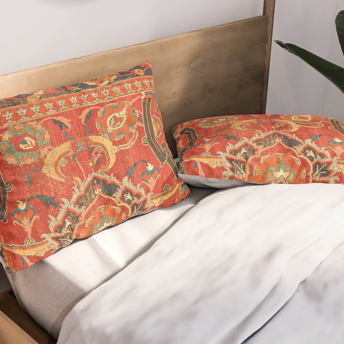 Red Arabic Rug I // 17th Century Colorful Firey Red Light Teal Sapphire Navy Blue Ornate Pattern Pillow Sham Gallery Image 2