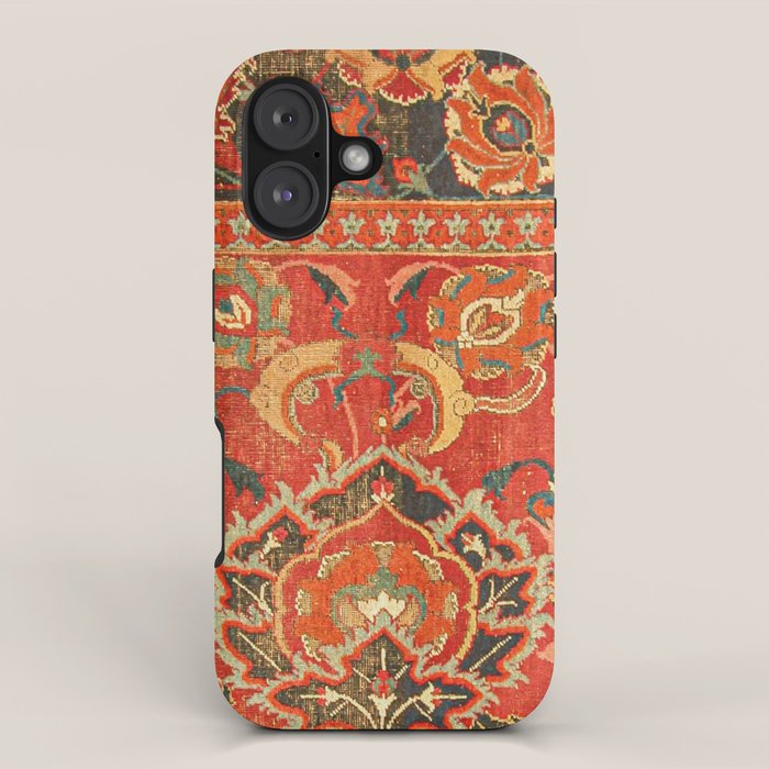 Red Arabic Rug I // 17th Century Colorful Firey Red Light Teal Sapphire Navy Blue Ornate Pattern iPhone Case Gallery Image 1