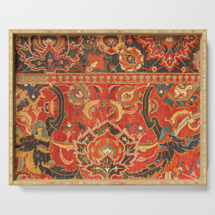 Red Arabic Rug I // 17th Century Colorful Firey Red Light Teal Sapphire Navy Blue Ornate Pattern Serving Tray Gallery Image 1