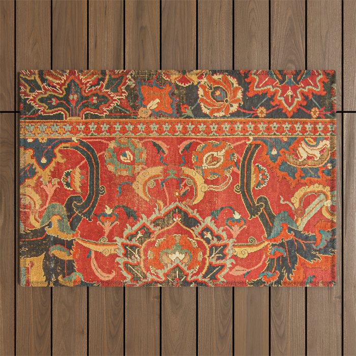 Red Arabic Rug I // 17th Century Colorful Firey Red Light Teal Sapphire Navy Blue Ornate Pattern Outdoor Rug Gallery Image 1