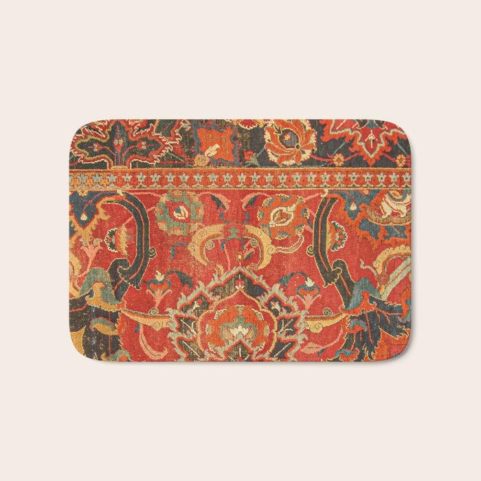 Red Arabic Rug I // 17th Century Colorful Firey Red Light Teal Sapphire Navy Blue Ornate Pattern Bath Mat Gallery Image 1