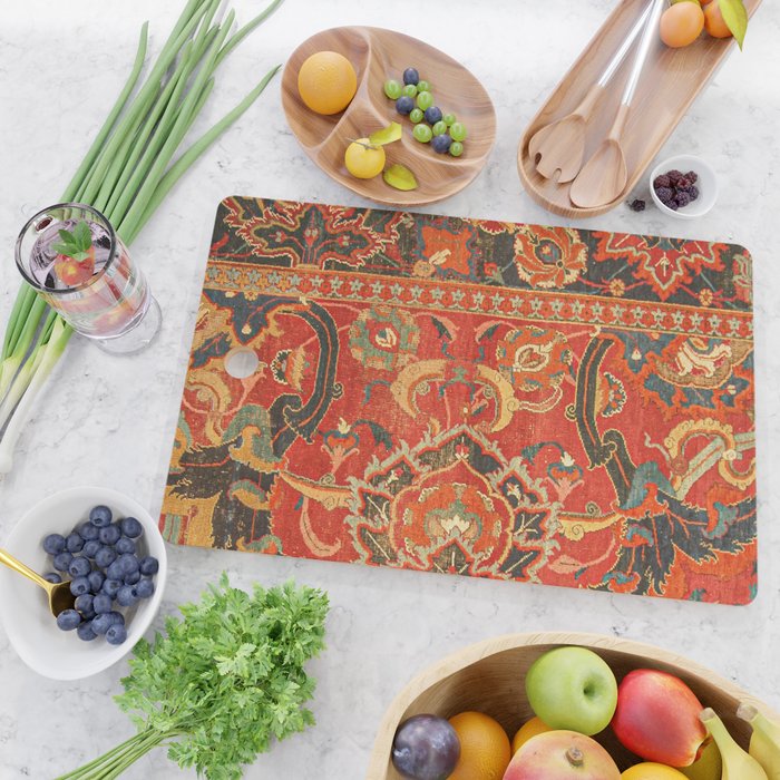 Red Arabic Rug I // 17th Century Colorful Firey Red Light Teal Sapphire Navy Blue Ornate Pattern Cutting Board Gallery Image 2