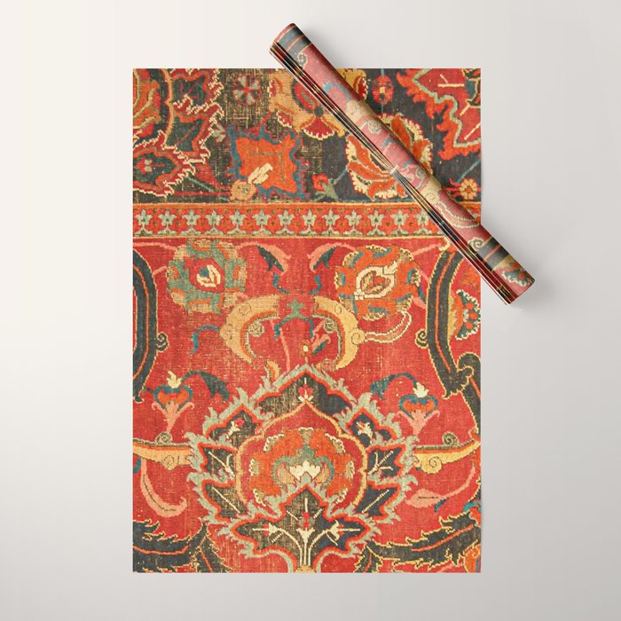 Red Arabic Rug I // 17th Century Colorful Firey Red Light Teal Sapphire Navy Blue Ornate Pattern Wrapping Paper Gallery Image 1