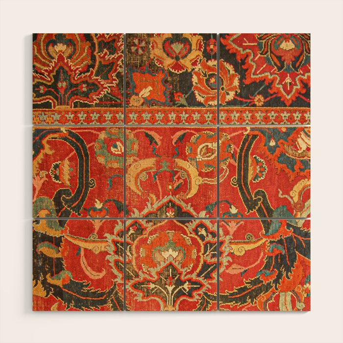 Red Arabic Rug I // 17th Century Colorful Firey Red Light Teal Sapphire Navy Blue Ornate Pattern Wood Wall Art Gallery Image 1