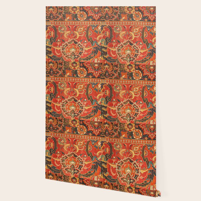 Red Arabic Rug I // 17th Century Colorful Firey Red Light Teal Sapphire Navy Blue Ornate Pattern Wallpaper Gallery Image 2