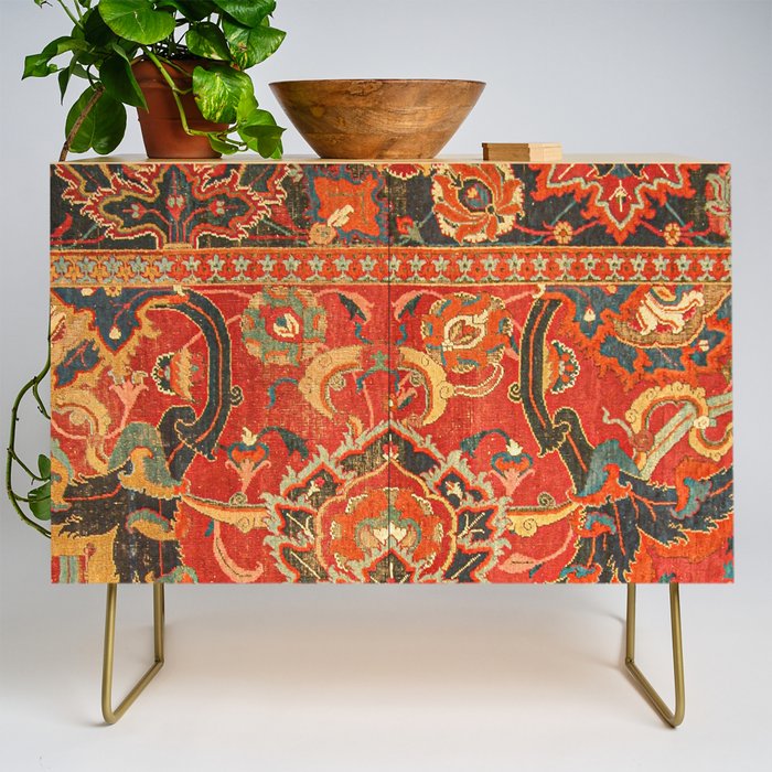 Red Arabic Rug I // 17th Century Colorful Firey Red Light Teal Sapphire Navy Blue Ornate Pattern Credenza Gallery Image 1