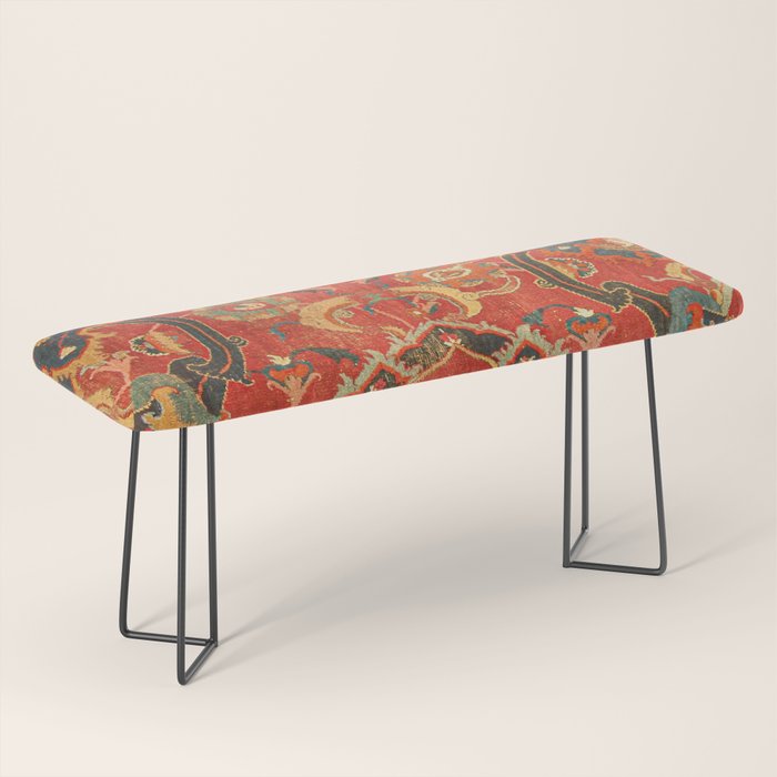 Red Arabic Rug I // 17th Century Colorful Firey Red Light Teal Sapphire Navy Blue Ornate Pattern Bench Gallery Image 1